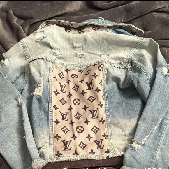 NWT heavily distressed denim jacket w/ Louis Vuitton tan and black scarf print. - Picture 2 of 10